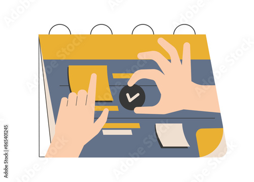 Calendar with hands placing checkmarks and sticky notes, symbolizing scheduling, planning, and organization in a business context. Perfect for illustrating time management concepts. Vector.