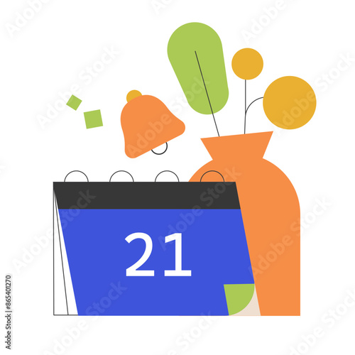 Bright and colorful calendar with date 21, surrounded by a bell and a plant vase, symbolizing reminders, organization, and scheduling. Vector illustration.