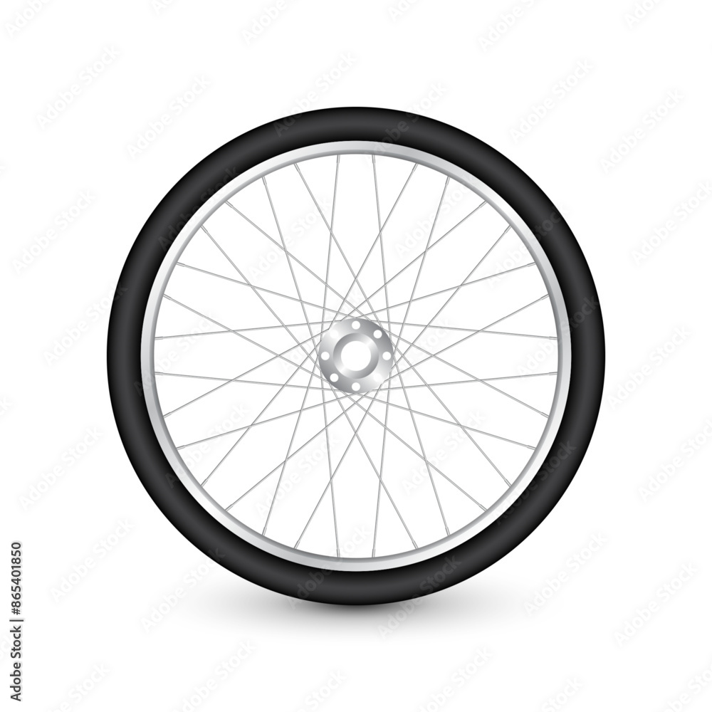 Realistic 3d bicycle wheel. Bike rubber tire, shiny metal spokes and rim. Fitness cycle, touring, sport, road and mountain bike. Vector illustration Realistic 3d bicycle wheel. Bike rubber tire, shiny metal spokes and rim. Fitness cycle, touring, sport, road and mountain bike. Vector illustration
