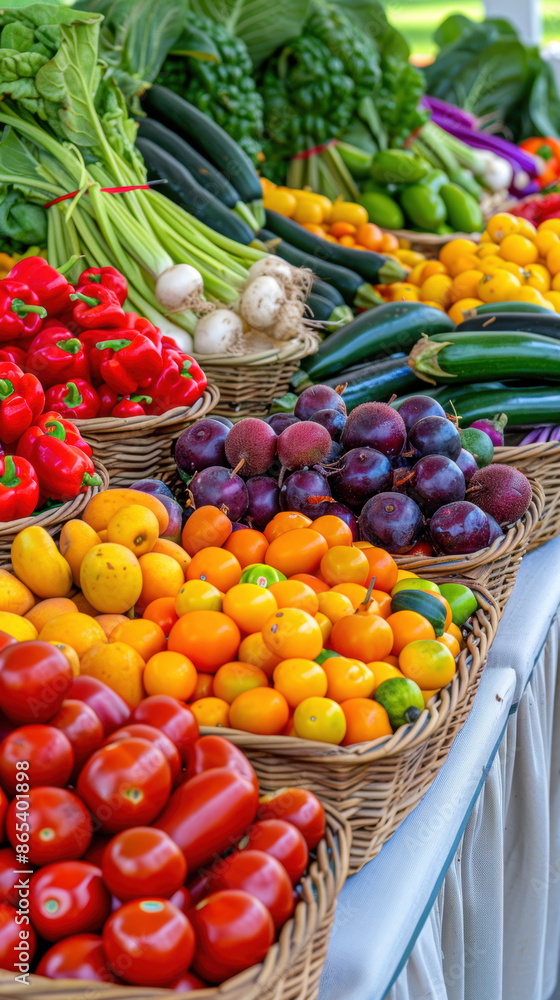 Farmers market stall with vibrant summer fruits and vegetables, summer, freshness and abundance Farmers market stall with vibrant summer fruits and vegetables, summer, freshness and abundance