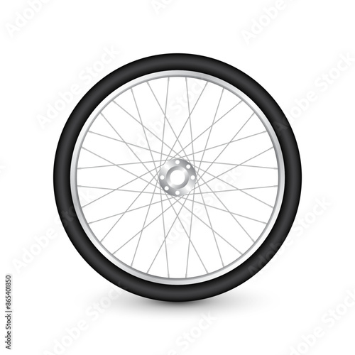 Realistic 3d bicycle wheel. Bike rubber tire, shiny metal spokes and rim. Fitness cycle, touring, sport, road and mountain bike. Vector illustration