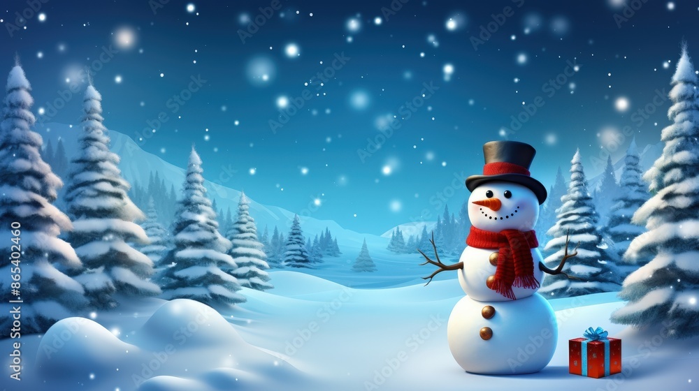 Fototapeta premium Smiling Snowman in a Snowy Winter Wonderland