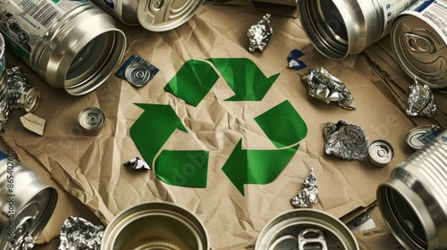 Green recycling symbol surrounded by common recyclable items like tin cans and newspapers, urging individuals to reduce, reuse, and recycle photo