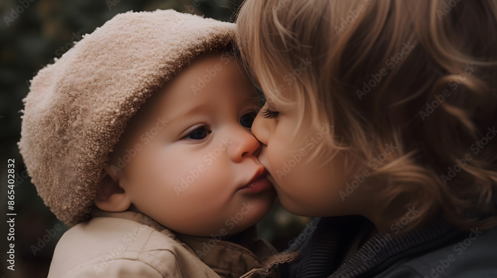 Adorable child kissing little sister lying on white bedding
Adorable child kissing little sister lying on white bedding