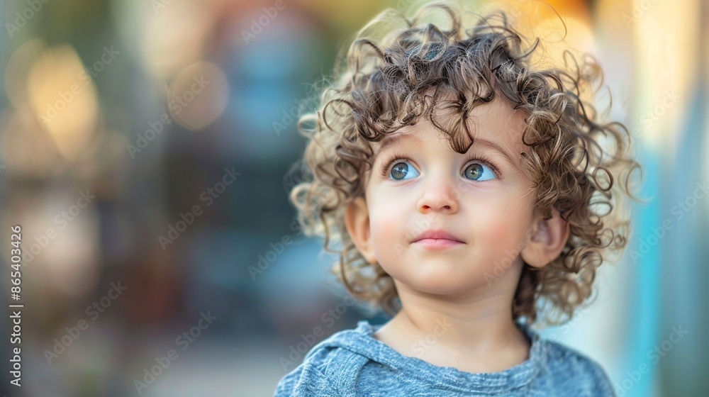Innocence captured: A young child with striking blue eyes and wild curly hair gazes upward with wonder, their expression full of curiosity and awe at the world around them. Innocence captured: A young child with striking blue eyes and wild curly hair gazes upward with wonder, their expression full of curiosity and awe at the world around them.