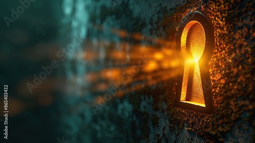 Abstract image of a glowing keyhole in a textured metal surface, symbolizing opportunity, hope, and new beginnings.