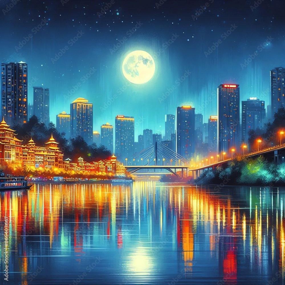 Obraz premium Paining of city at night 
