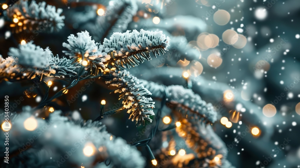 A snow-covered Christmas tree with twinkling lights A snow-covered Christmas tree with twinkling lights