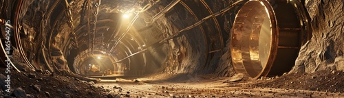 3D rendering of an underground mining scene, featuring detailed tunnels and miners at work, showcasing the intricate process and machinery used in modern gold extraction photo