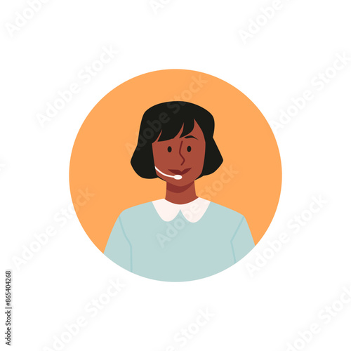 Smiling young afro woman wearing headset working in call center, client services, customer support vector round avatar