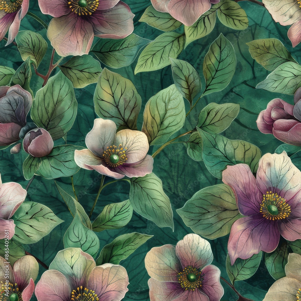 custom made wallpaper toronto digitalwatercolor Hellebores in soft greens, pinks, and purples, intricate floral patterns, deep moss background, graceful and sophisticated, seamless repeating pattern, minimal pattern