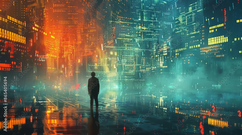 A lone figure stands in a neon-lit cyberpunk city. The vibrant, futuristic cityscape is shrouded in mist, creating an atmospheric scene. A lone figure stands in a neon-lit cyberpunk city. The vibrant, futuristic cityscape is shrouded in mist, creating an atmospheric scene.