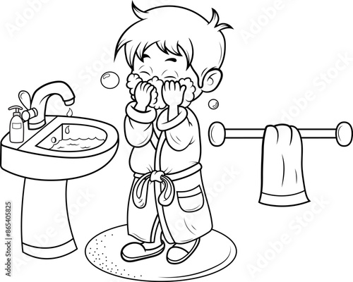 Ilustración de un niño lavándose la cara en el baño, aseo personal, en blanco y negro.
