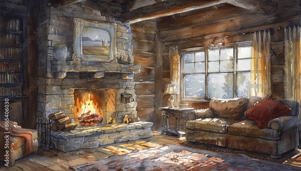 Cozy rustic living room with a stone fireplace, wooden beams, and comfortable seating area. Warm and inviting ambiance with natural light. Cozy rustic living room with a stone fireplace, wooden beams, and comfortable seating area. Warm and inviting ambiance with natural light.