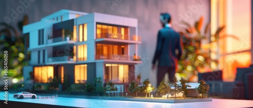 Modern architectural model of a residential building illuminated at night with a man in the background and a car in the foreground.