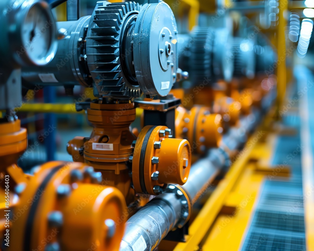 Close-up of industrial machinery and pipes in a factory setting. Close-up of industrial machinery and pipes in a factory setting.