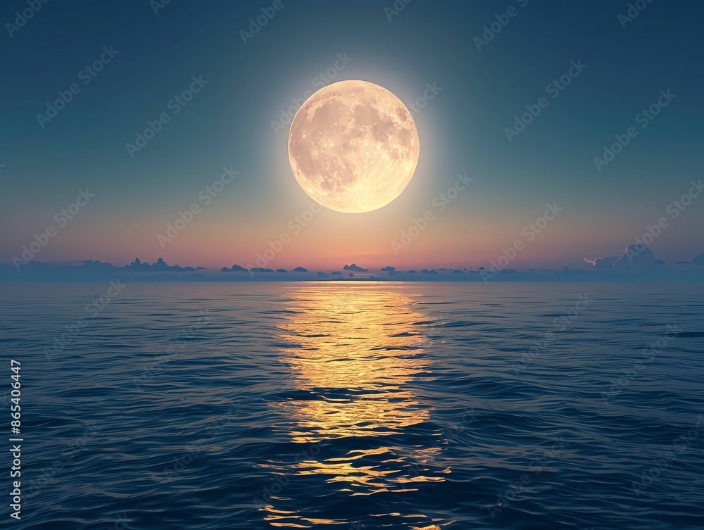 Full moon rising over a calm, still ocean at dusk. The moon's reflection shines brightly on the water. Full moon rising over a calm, still ocean at dusk. The moon's reflection shines brightly on the water.