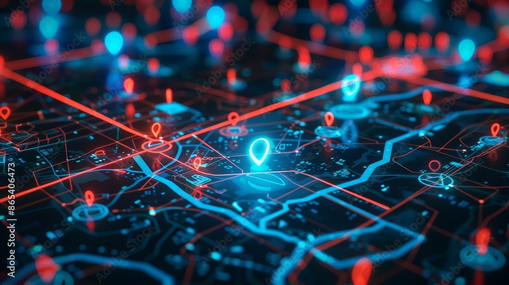 Futuristic City Map with Glowing Digital Pins Futuristic City Map with Glowing Digital Pins