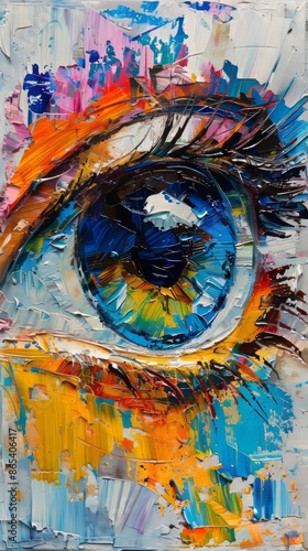 Intricately painted with vibrant oil strokes, this artwork features a vibrant abstract eye design