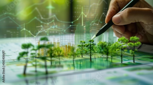 Businessman planning on environmental protection initiative for clean and sustainable future ecology, ESG environmental social governance display on paper chart on eco-friendly company, generative ai