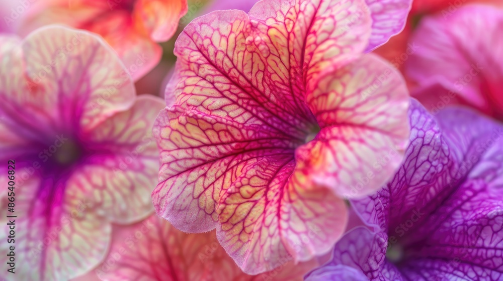 Fototapeta premium Macro shot of colorful Petunia Wave Sweetheart flowers, revealing the intricate textures and vivid colors up close