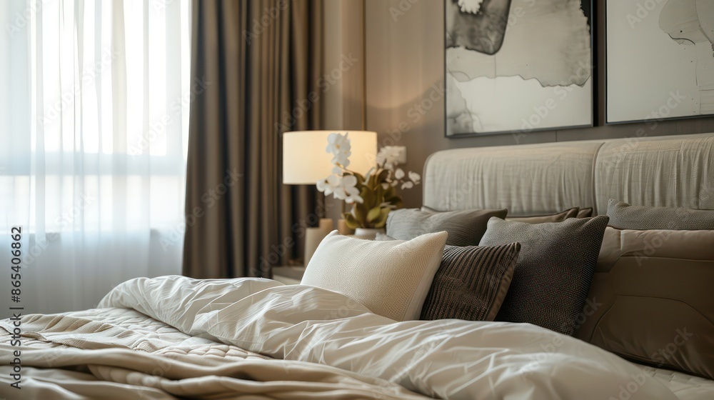 Fototapeta premium beautiful interior design home bedroom, cozy big bed