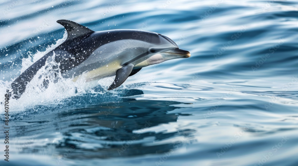 Fototapeta premium Majestic dolphin gracefully surfacing above azure waters, its sleek form gliding effortlessly in its natural habitat