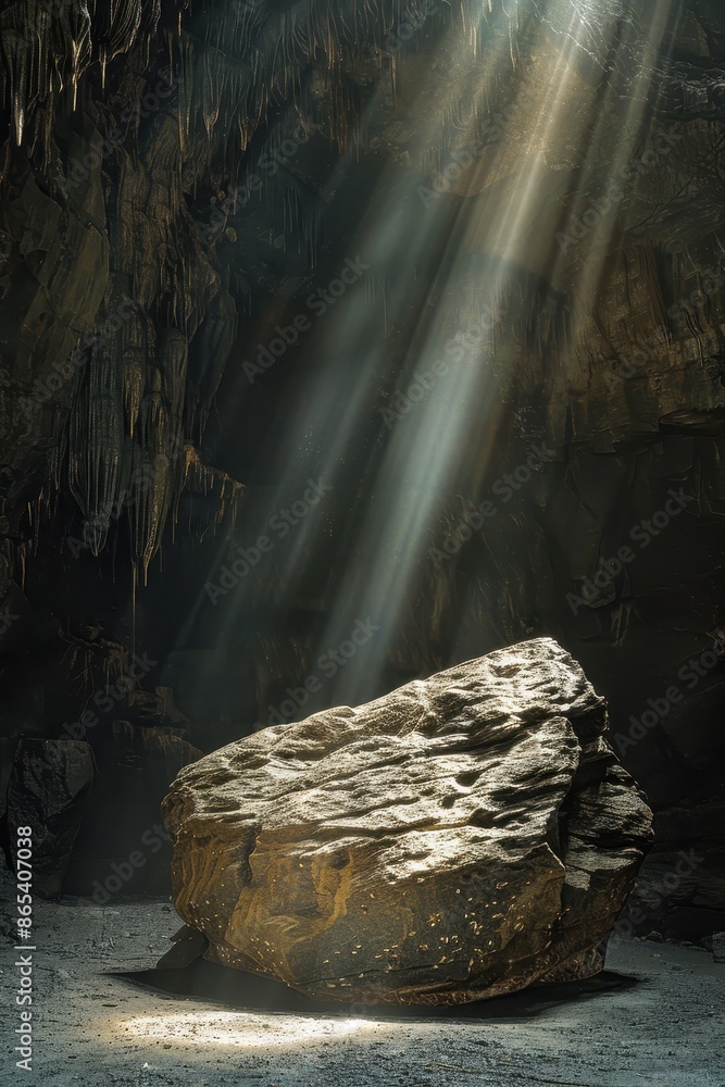 Dramatic light beams illuminate a textured rock in a dark Stock ...