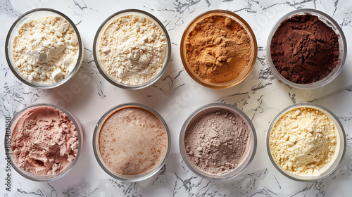 Top view of diverse protein powder varieties in containers on a marble background, emphasizing different types and uses