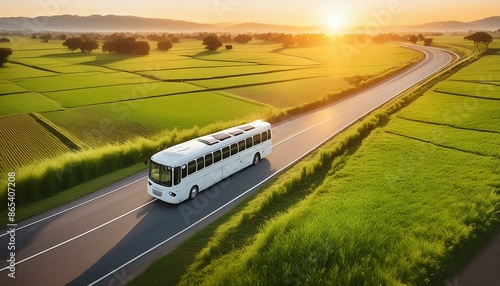 A white Volvo bus driving through a lust green field