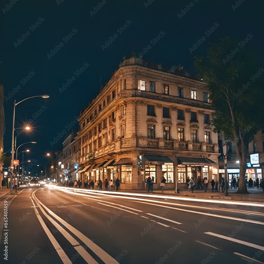 Fototapeta premium Nighttime city street with illuminated building and moving traffic.