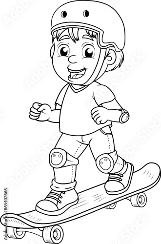 Niño usando una patineta con los implementos de seguridad, casco y protectores de rodillas y codos, ilustracion en blanco y negro.