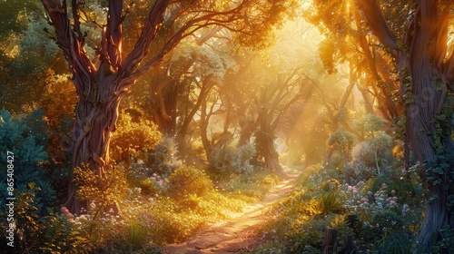 Enchanting forest path illuminated by warm