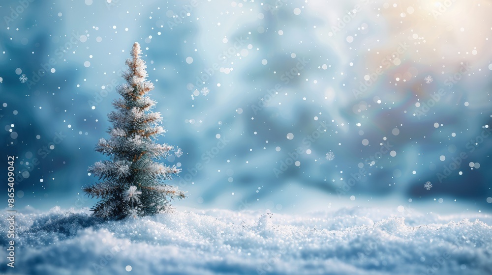 Small Pine Tree in a Snowy Winter Forest with Soft Blue Sky and Falling Snowflakes Small Pine Tree in a Snowy Winter Forest with Soft Blue Sky and Falling Snowflakes