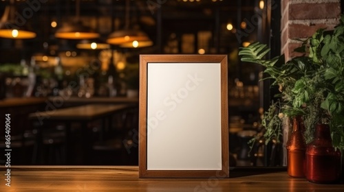 Empty Picture Frame on a Wooden Table in a Bar Setting