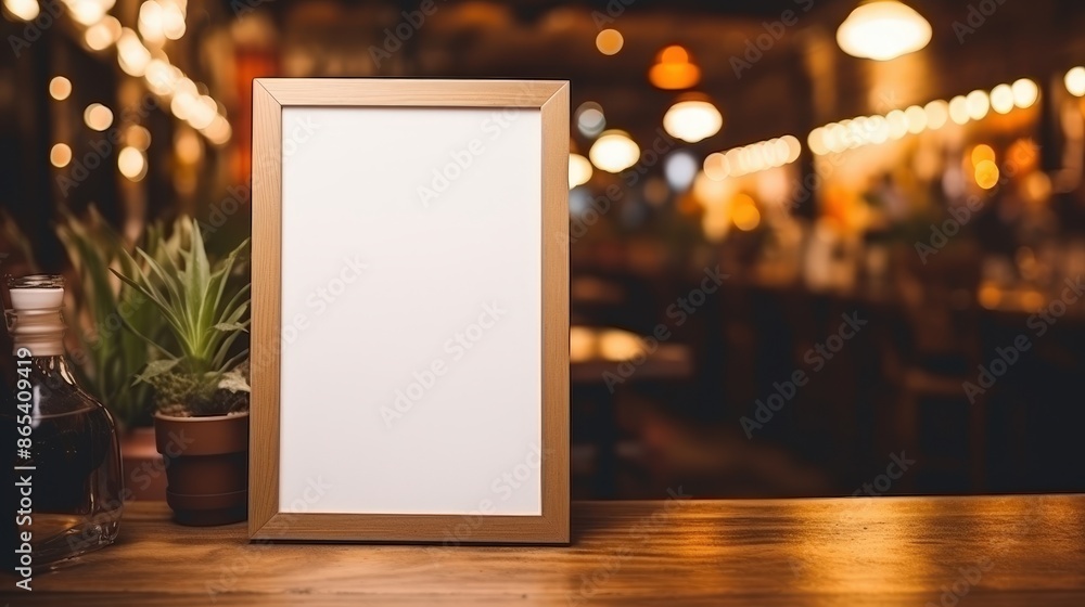 Blank Picture Frame on Wooden Table in Bar Setting Blank Picture Frame on Wooden Table in Bar Setting