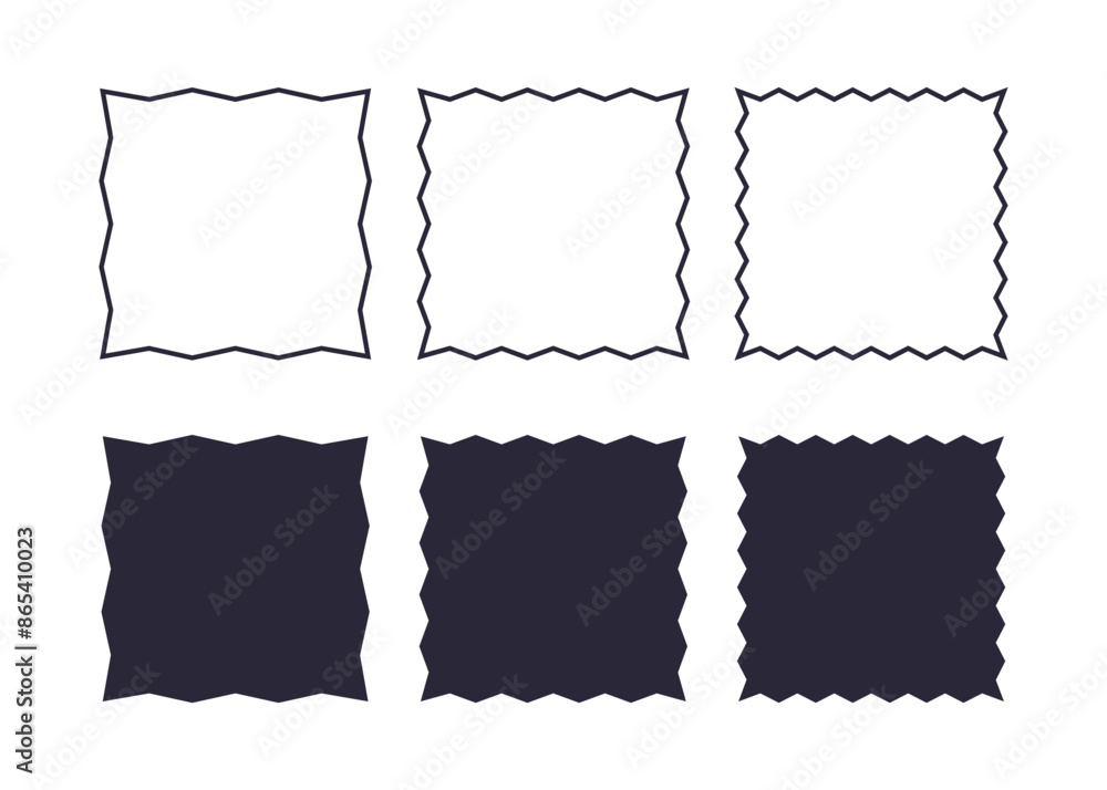 Square frames with zigzag edges set. Linear and silhouette design elements. Square frames with zigzag edges set. Linear and silhouette design elements.