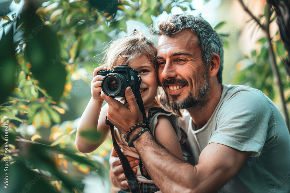 Father teaching daughter the art of photography, emphasizing creativity and inspiration, celebrating World Photography Day Father teaching daughter the art of photography, emphasizing creativity and inspiration, celebrating World Photography Day