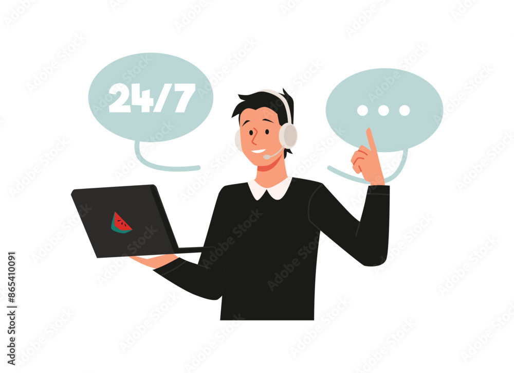 Vector illustration of a young male call center operator holding a laptop with a headset Vector illustration of a young male call center operator holding a laptop with a headset