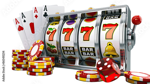 3d casino slots machine on white transparent background, PNG