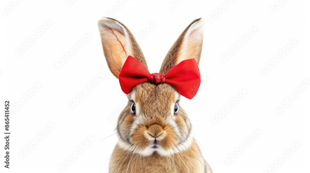 Fototapeta premium Isolated white background with Easter bunny red bow ears