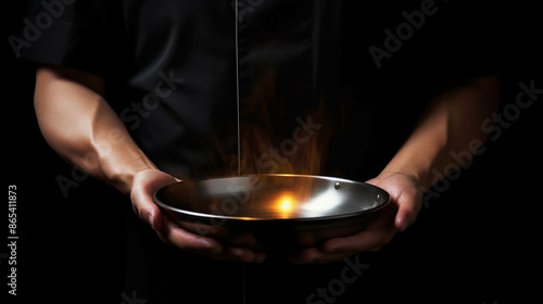 Person holding a metallic bowl with fire emanating from it, against a dark background, creating a dramatic and mysterious effect.
