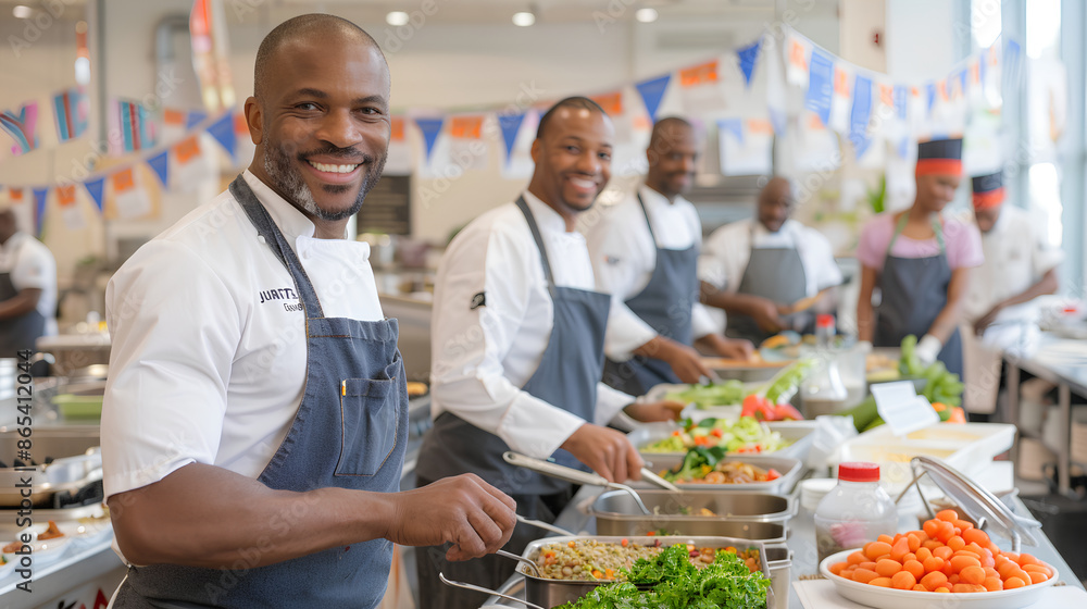 A group of happy African American chefs cooking in an open kitchen, A group of happy African American chefs cooking in an open kitchen,