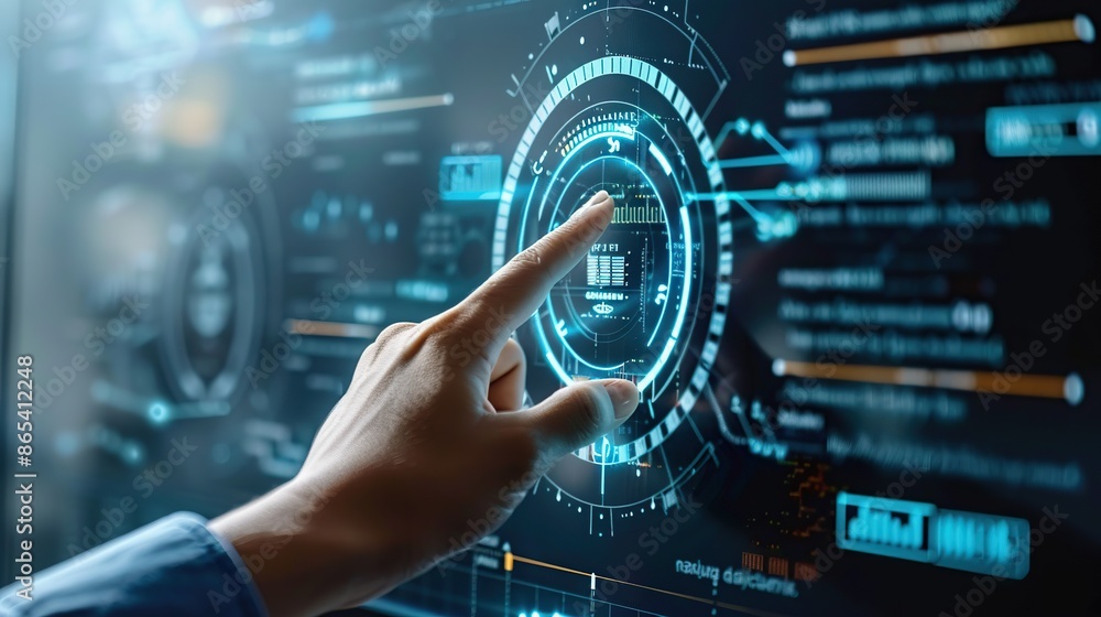 A hand interacting with a futuristic interface. A hand interacting with a futuristic interface.