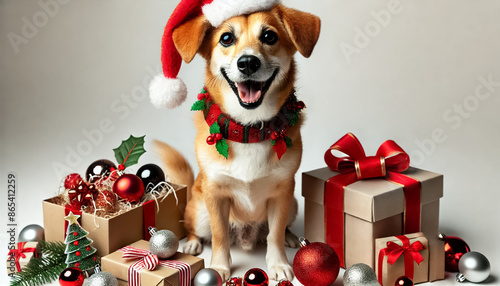 Christmas Dog with Elf Hat and Collar