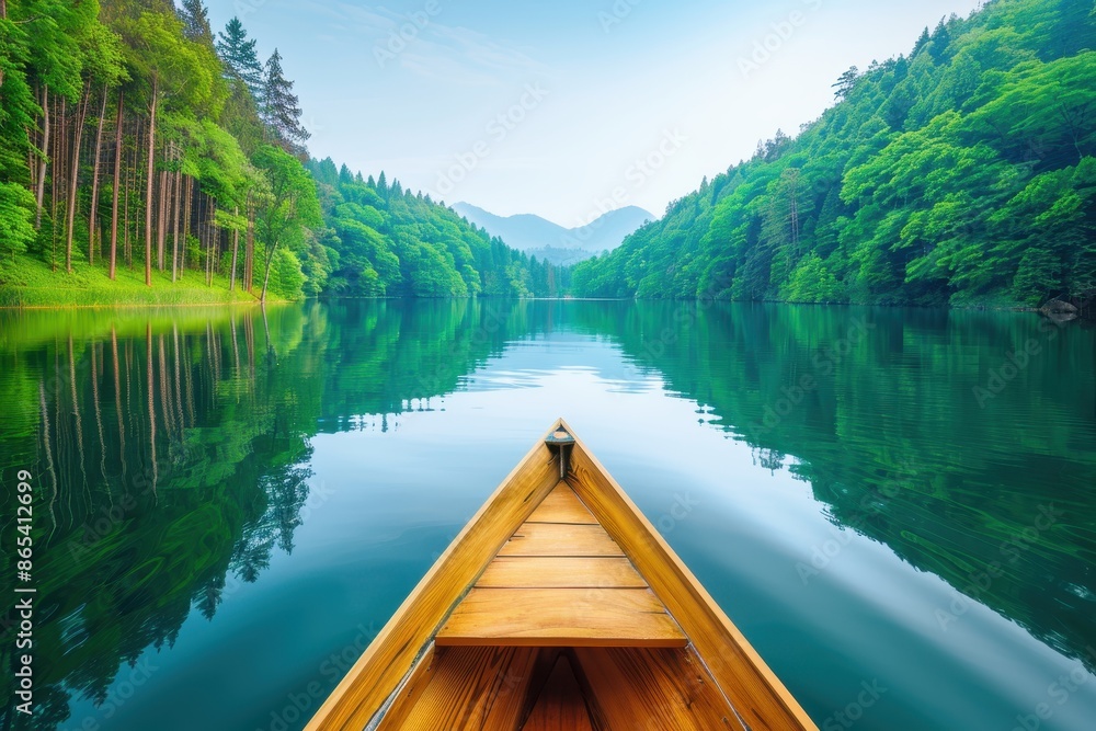 Serene view from a wooden boat on a calm lake surrounded by lush green forests and distant mountains, creating a peaceful and tranquil scene. Serene view from a wooden boat on a calm lake surrounded by lush green forests and distant mountains, creating a peaceful and tranquil scene.
