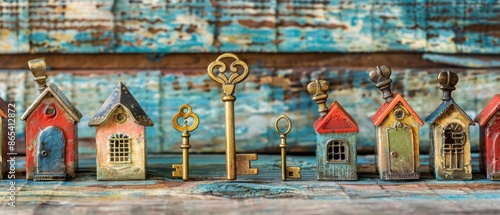 Vintage skeleton keys lined up in front of small colorful wooden houses against a rustic wooden background. photo