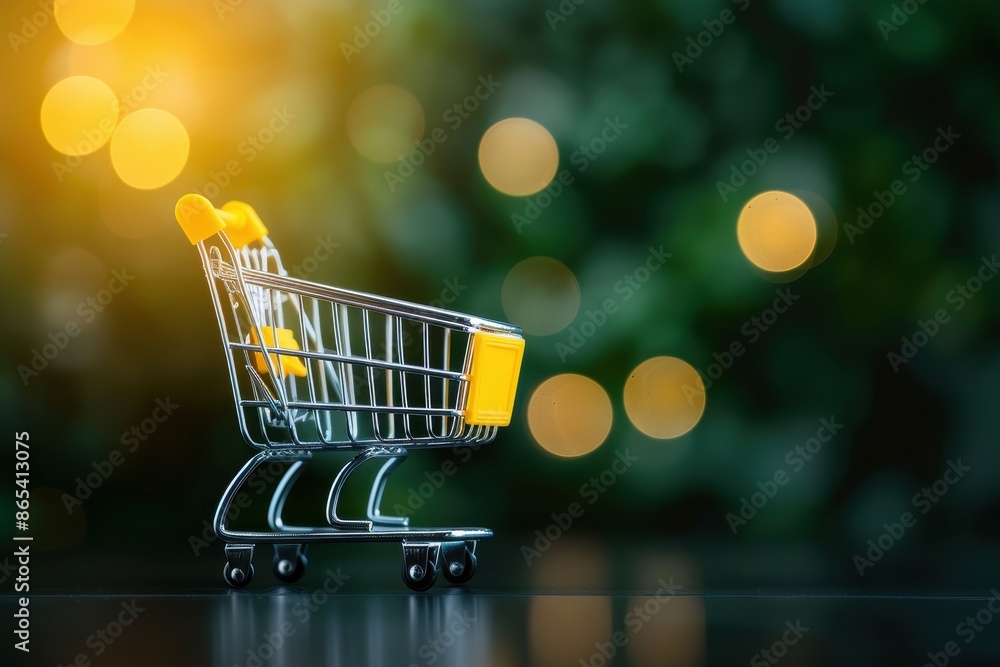 Miniature shopping cart with a green background and bokeh lights, representing retail, shopping, and ecommerce concepts. Miniature shopping cart with a green background and bokeh lights, representing retail, shopping, and ecommerce concepts.