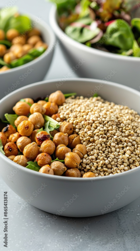 Quinoa and roasted chickpeas in separate bowls, gourmet salad ingredients, proteinpacked and wholesome Quinoa and roasted chickpeas in separate bowls, gourmet salad ingredients, proteinpacked and wholesome