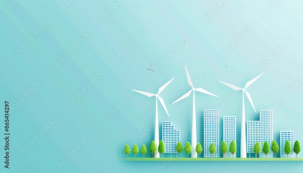 Eco-friendly cityscape with wind turbines and green trees illustrating sustainable energy and urban environmental conservation. Eco-friendly cityscape with wind turbines and green trees illustrating sustainable energy and urban environmental conservation.